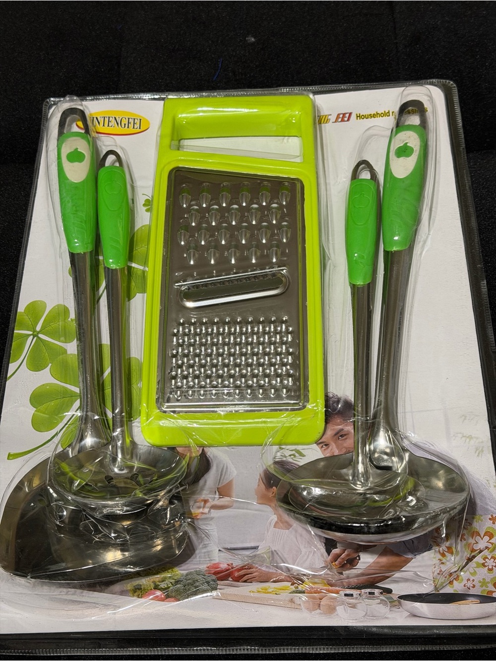 Green-Handled Stainless Steel Kitchen Utensil Set with Grater
